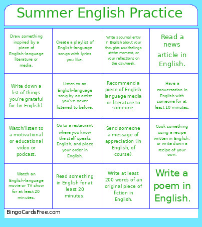 Summer English Practice Bingo Card