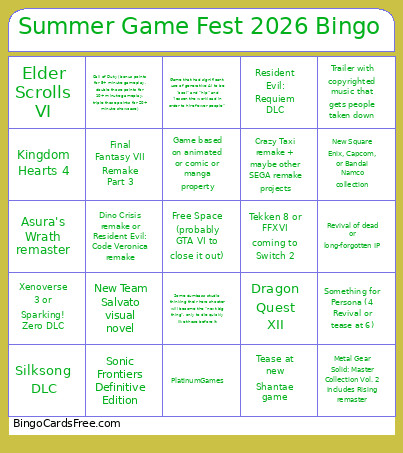 Summer Game Fest 2026 Bingo Card