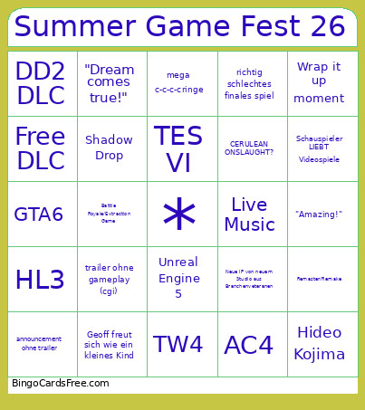 Summer Game Fest 26 Bingo Card