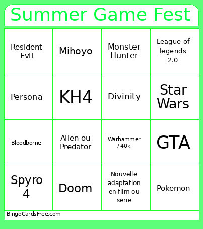 Summer Game Fest Bingo Card 2