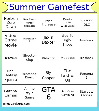 Summer Gamefest Bingo Card