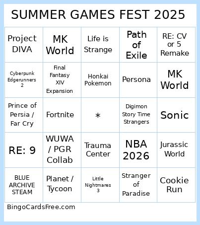 SUMMER GAMES FEST 2025 Bingo