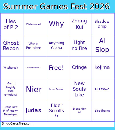Summer Games Fest 2026 Bingo Card