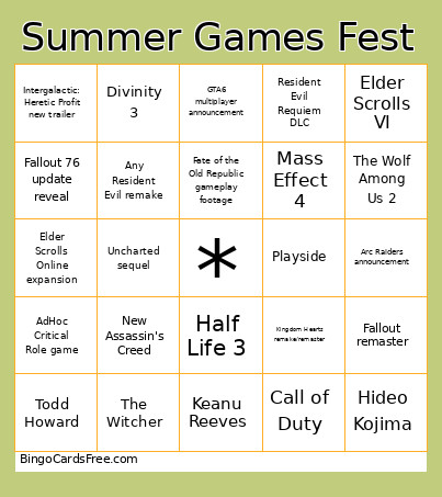 Summer Games Fest Bingo Card