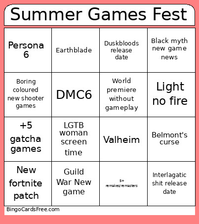 Summer Games Fest Bingo Card