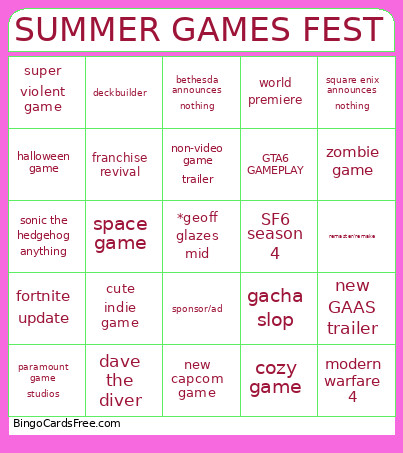 SUMMER GAMES FEST Bingo Card
