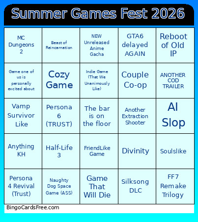 Summer Games Fest Prediction 2026 Bingo Card