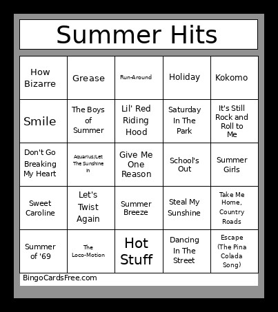 Summer Hits Bingo Card