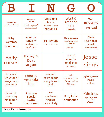 Summer House 3 Bingo Card