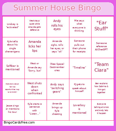 Summer House Part 3 Bingo Card
