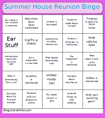 Summer House Reunion Bingo Card
