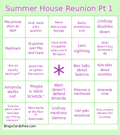 Summer House Reunion Pt 1 Bingo Card