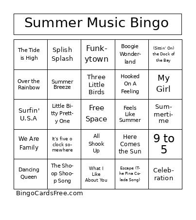 Summer Music Bingo