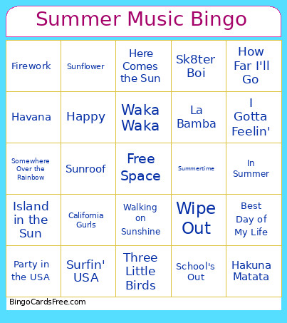 Summer Music Bingo Card
