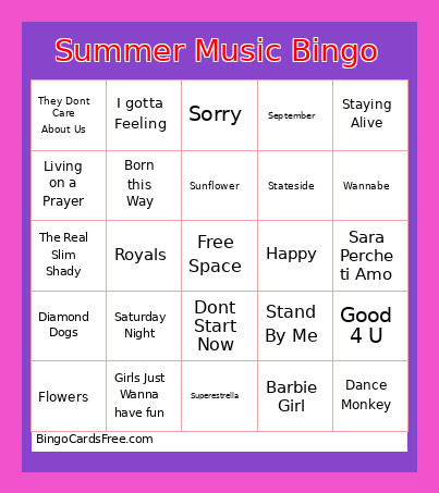 Summer Music Bingo Card