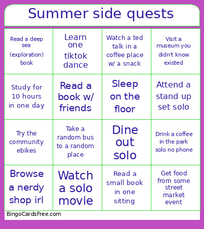 Summer Side Quests Bingo Card