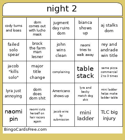 Summer Slam Night 2 Bingo Card