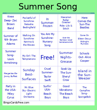 Summer Songs Bingo Card 2