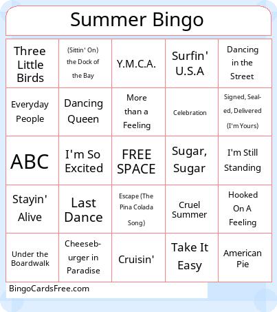 Summer Songs Bingo