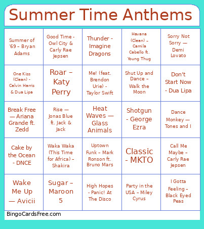 Summer Time Anthems Bingo Card