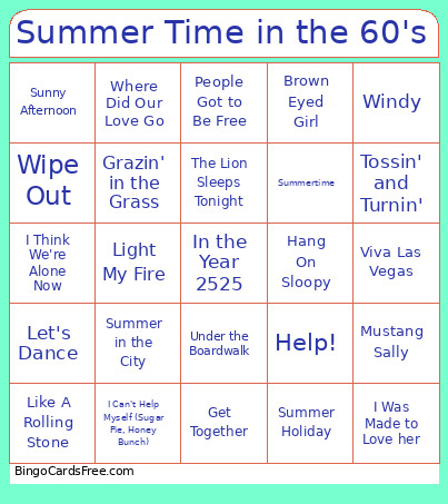 Summer Time In The 60's Bingo Card