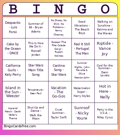 Summer Time Songs (with Star Wars) Bingo Card