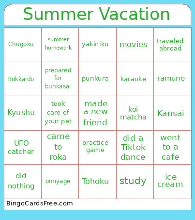 Summer Vacation Bingo Card