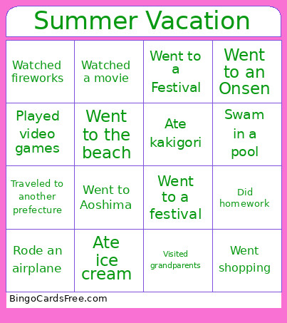 Summer Vacation Bingo Card