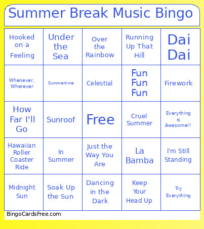 Summer Vacay Music Bingo Card