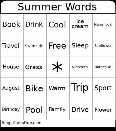 Summer Words Bingo Card