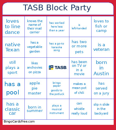 Summer Work Block Party Bingo Card