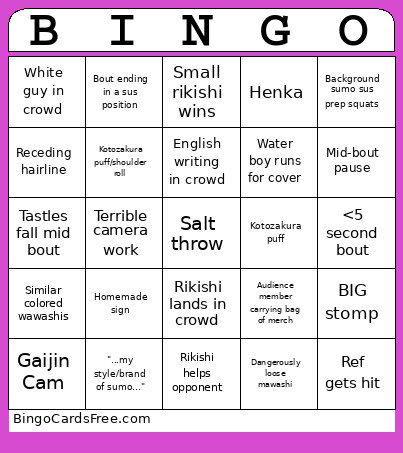 Sumo Boog Bingo Card