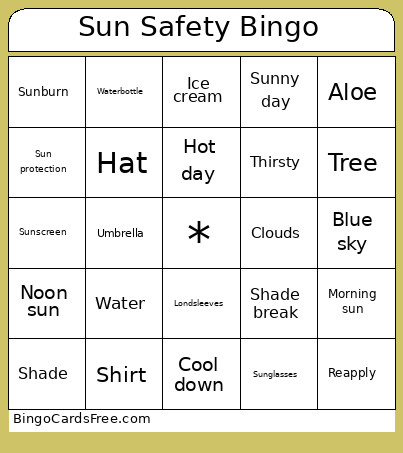 Sun Safety Bingo Card