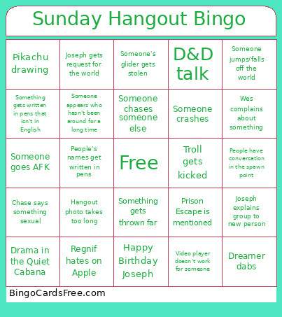 Sunday Hangout Bingo Card