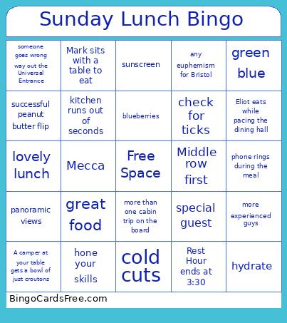 Sunday Lunch Bingo Card