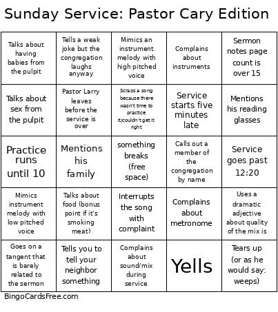 Sunday Service: Pastor Cary Edition Bingo Card