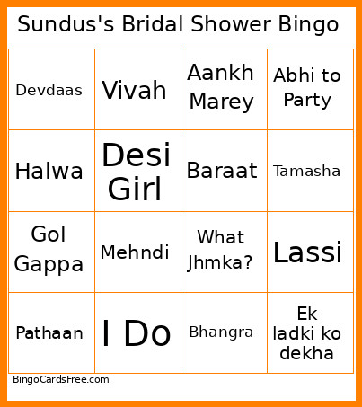 Sundus's Bridal Shower Bingo Card