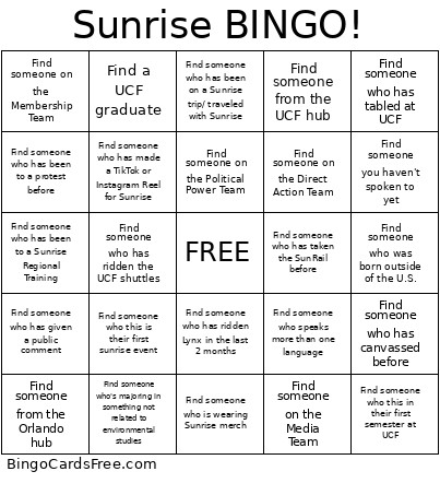 Sunrise ! Bingo Card