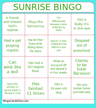 SUNRISE PRINCETON Bingo Card