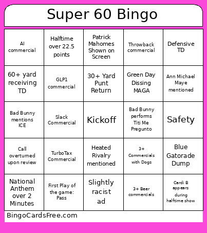 Super 60 Bingo Card