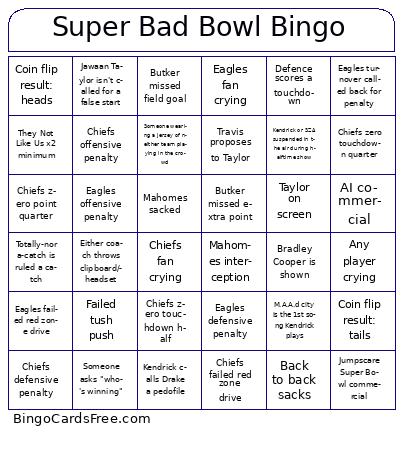 Super Bad Bowl Bingo Cards Free Pdf Printable Game, Title: Super Bad Bowl Bingo