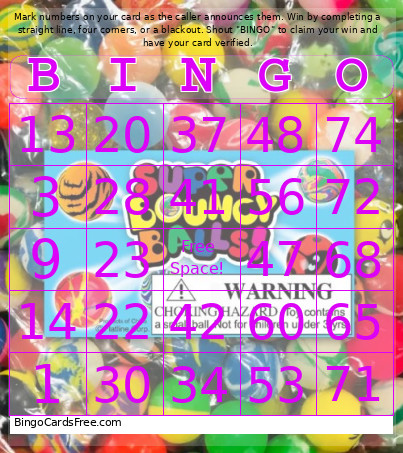 Super Bouncy Balls 1-75 Number + Audio Bingo Card