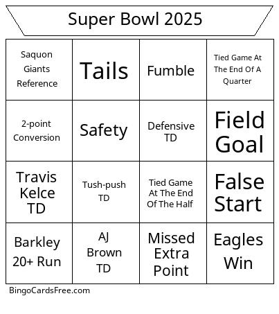 Super Bowl 2025 Bingo Cards Free Pdf Printable Game, Title: Super Bowl 2025 