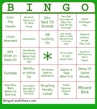 Super Bowl 2025 Bingo Card