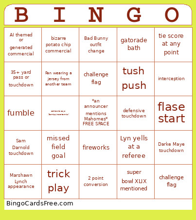 Super Bowl 2026 Bingo Card