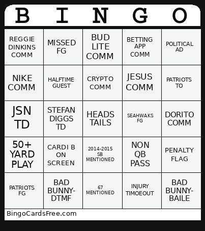 Super Bowl 2026 Bingo Card