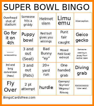 Super Bowl 2026 Fun Bingo Card
