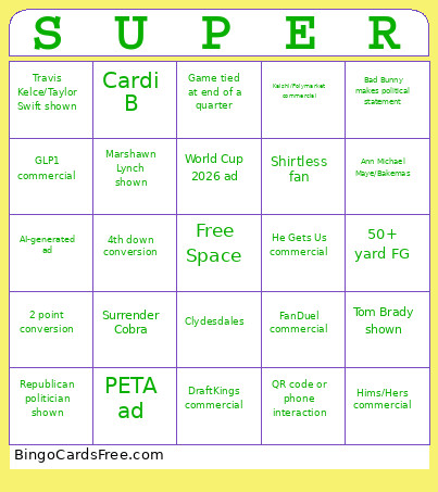 Super Bowl Bingo Card