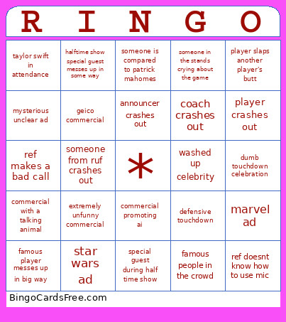 Super Bowl Bingo Card