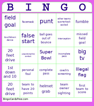 Super Bowl Bingo Card